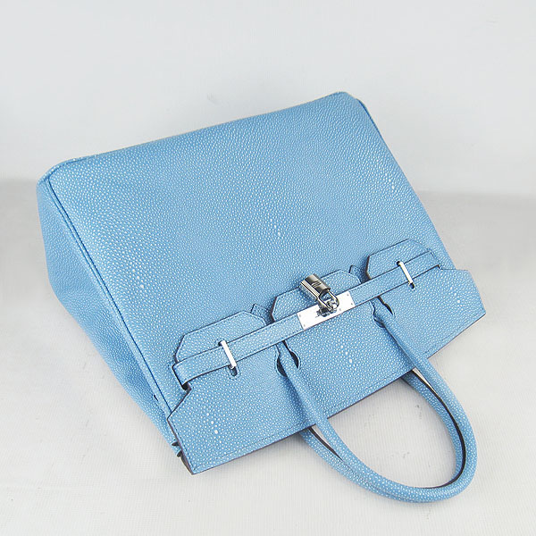 High Quality Fake Hermes Birkin 35CM Pearl Veins Leather Bag Light Blue 6089